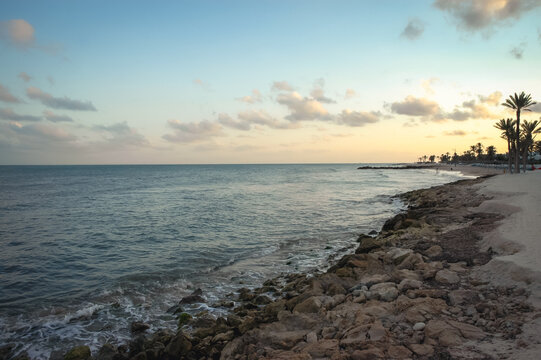 Mediterranean Sea coast in Aghir town on Djerba Island, Tunisia