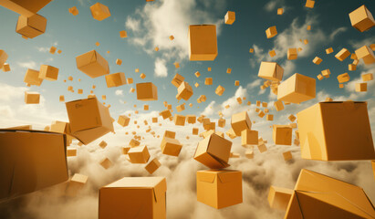 A multitude of cardboard boxes hovering in the air. Fast delivery of online goods, Generative AI