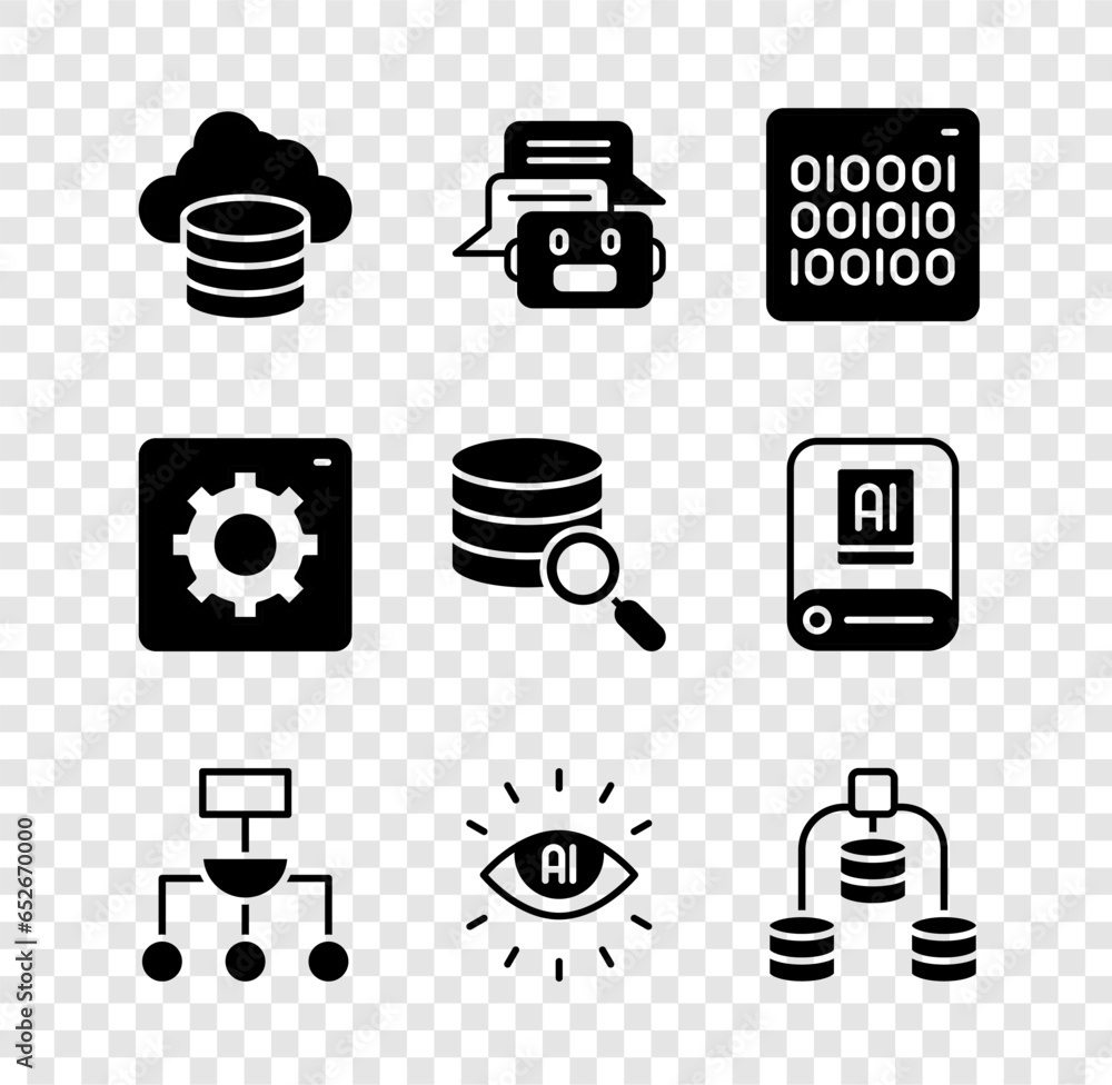Poster set cloud database, chat bot, binary code, algorithm, artificial intelligence ai, server, data, comp