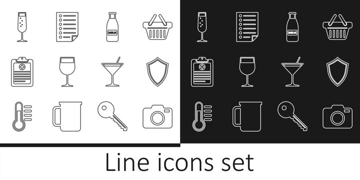 Set line Photo camera, Shield, Glass bottle milk and cap, Wine glass, Clinical record, of champagne, Martini and Document icon. Vector