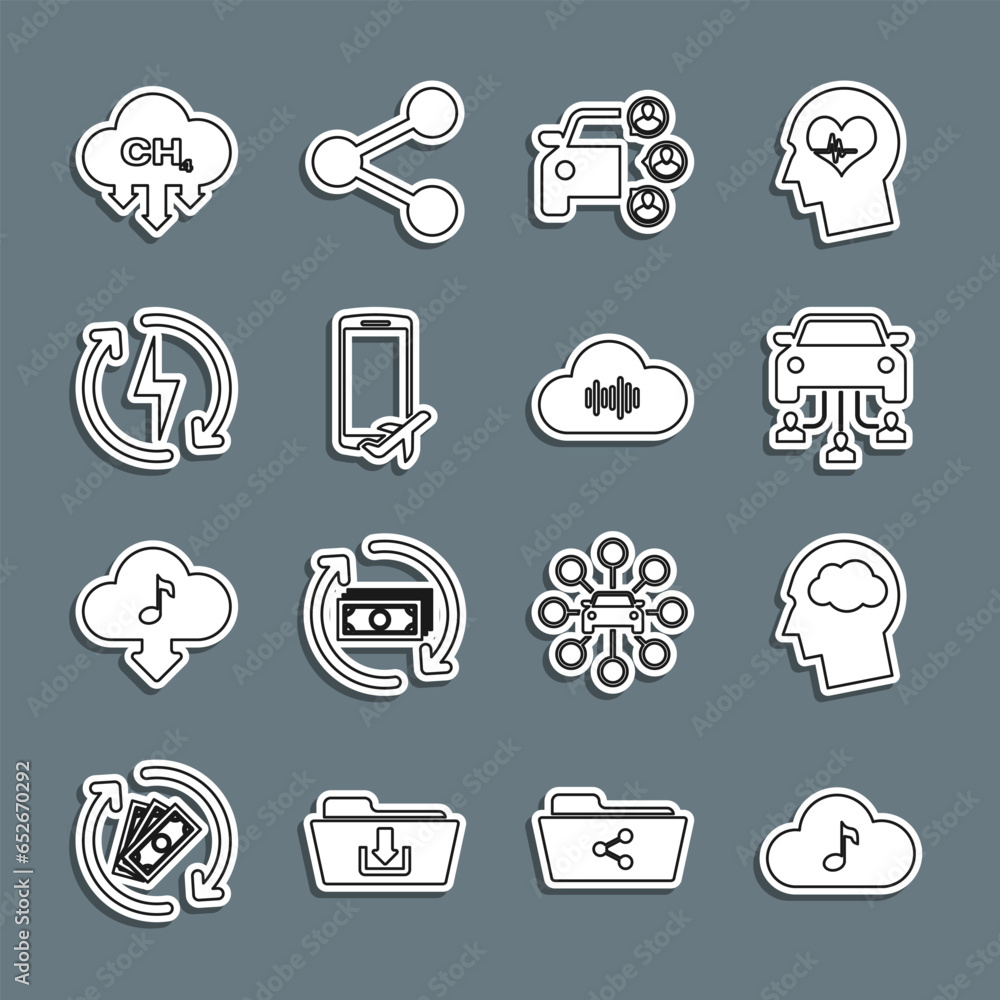 Sticker Set line Music streaming service, Head silhouette with cloud, Car sharing, Flight mode the mobile, Recharging, Methane emissions reduction and icon. Vector