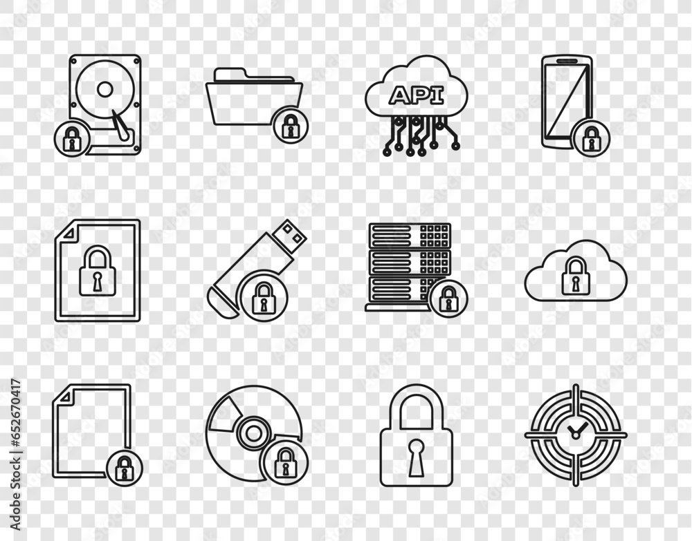 Poster set line document and lock, time management, cloud api interface, cd or dvd disk with, hard drive, u