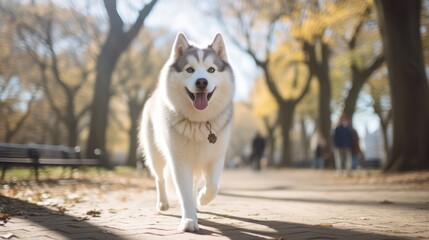 Portrait of happy and gorgeous Siberian Husky dog with tonque hanging out standing in the bright mysterious golden autumn forest at sunset