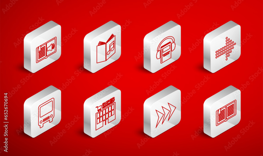 Wall mural set line open book, audio, dots arrow, arrow, supermarket building and bus icon. vector