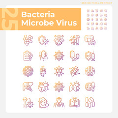 2D pixel perfect gradient icons pack representing bacteria, thin line illustration.