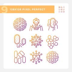2D pixel perfect gradient icons set representing bacteria, thin linear illustration.