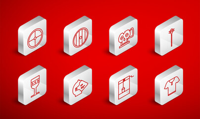 Set line Body armor, Round wooden shield, Cup from the skull, Medieval chained mace ball, Well with bucket, iron helmet and goblet icon. Vector