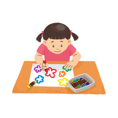Girl drawing with crayons hand drawn illustration