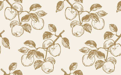 Seamless pattern with hand drawn apples. Ink drawing of apple tree branch with fruits and leaves on it