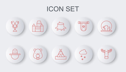 Set line Moose head with horns, Canadian ranger hat, Tree stump, Cloud snow, Lobster, Chateau Frontenac hotel, Beaver animal and Indian teepee wigwam icon. Vector © vector_v