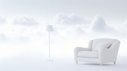 armchair in a white cloud interior, abstract white cloud background and a place to sit, light background with copy space