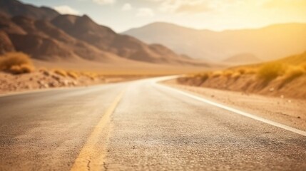 "Blurry desert road with warm tones, evoking adventure