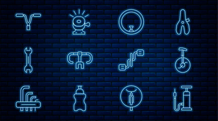 Set line Bicycle air pump, Unicycle or one wheel bicycle, handlebar, Wrench spanner, pedals and bell icon. Vector © vector_v