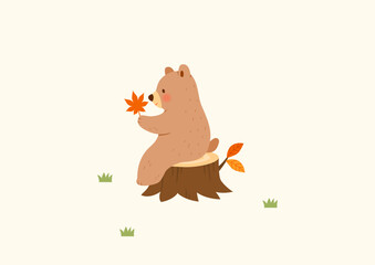 Cute bear holding a maple leaf with a stump. Autumn animal illustration.