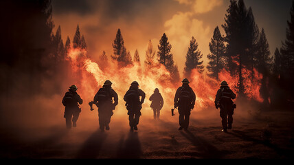 Fototapeta premium a group of firefighters on a forest fire a view from the back against the background of wildfire in the forest fiction, computer graphics