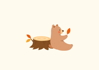 Cute bear holding a leaf with a stump. Autumn animal illustration.