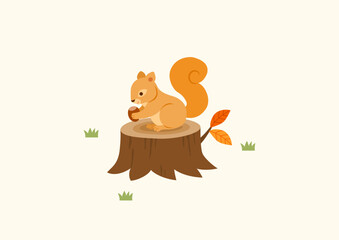 Cute squirrel holding an acorn with a stump. Autumn animal illustration.