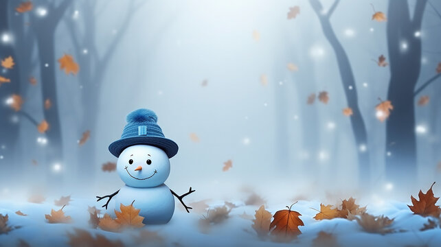 greeting card snowman in the autumn forest, cute picture of late autumn, November december