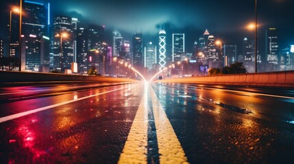 Fototapeta na wymiar Blurry city road at night with vibrant lights