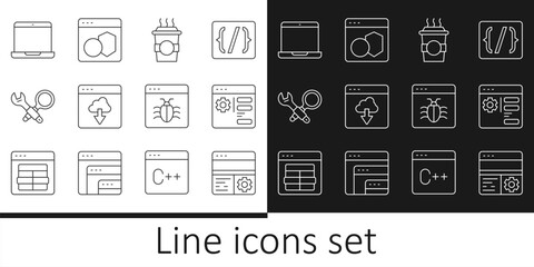 Set line Debugging, Browser setting, Coffee cup to go, Cloud technology data transfer, Laptop, System and Software icon. Vector