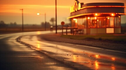 Blurry road by classic diner evokes retro nostalgia