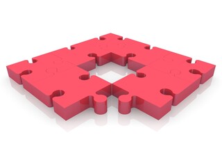 A red puzzle square with an empty center and a missing puzzle piece