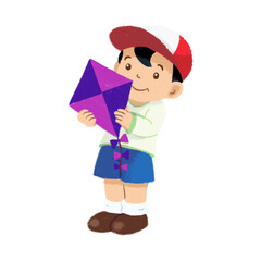 Boy holding kite hand drawn illustration