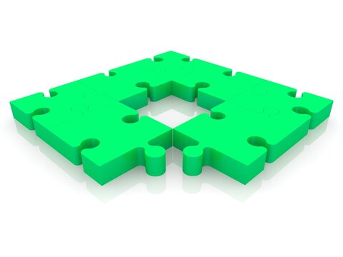 A green puzzle square with an empty center and a missing puzzle piece