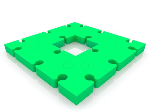 Green puzzle square with empty center on white