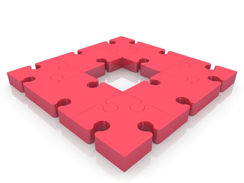 Red puzzle square with empty center on white