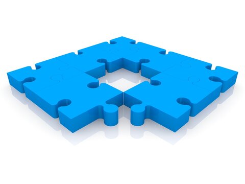 A blue puzzle square with an empty center and a missing puzzle piece