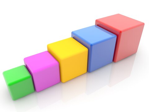 Cubes of different sizes and colors are lined up in one row