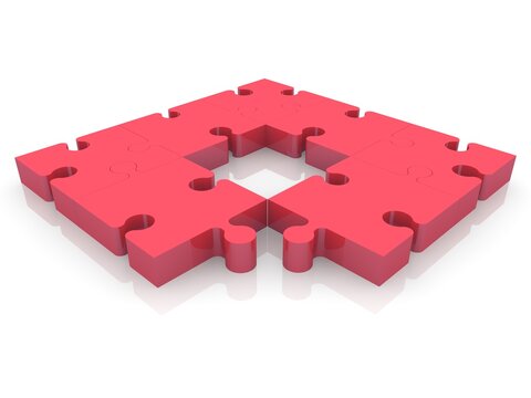 A red puzzle square with an empty center and a missing puzzle piece