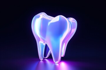 neon tooth 3d mesh illustration. Blue glowing dentist clinic medical poster banner copy space