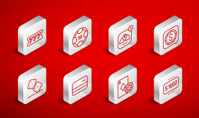 Set line Money prize in casino, Casino chips, Lucky wheel, Coin money with dollar, and playing cards, Lottery ticket, Credit and Game dice icon. Vector