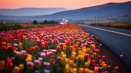 Blurry tropical road with vibrant colors and bokeh