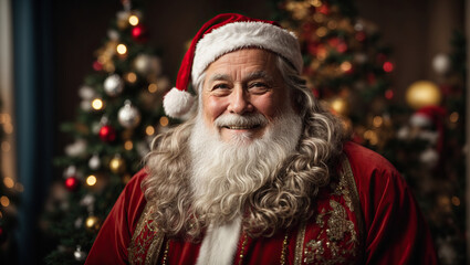 Fototapeta na wymiar Portrait of a traditional American smiling Santa Claus. Merry Christmas concept.