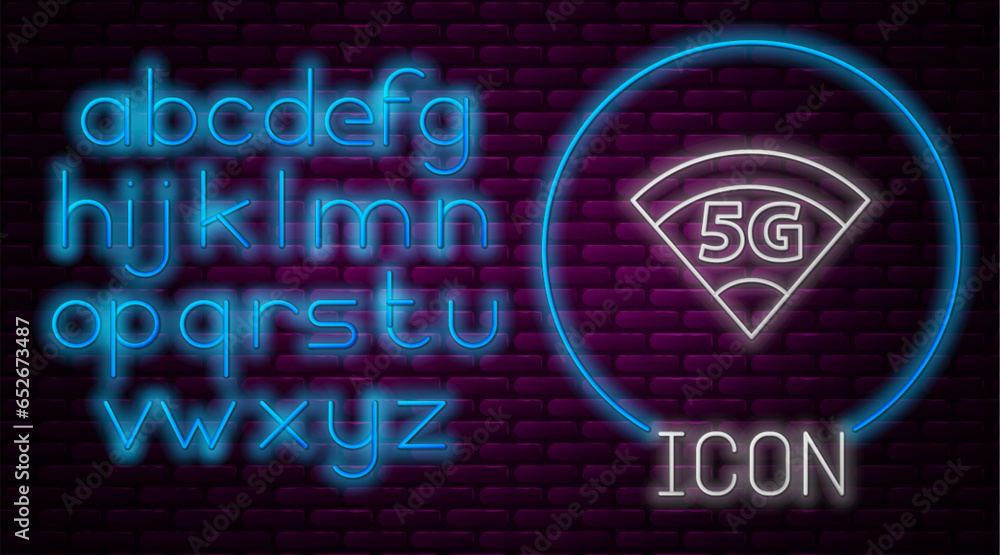Poster glowing neon line 5g new wireless internet wifi connection icon isolated on brick wall background. g