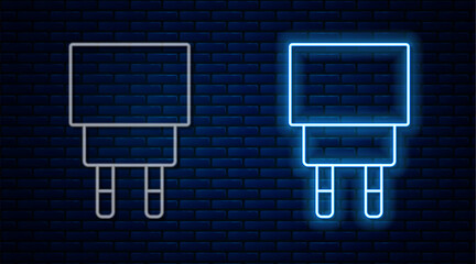 Glowing neon line Charger icon isolated on brick wall background. Vector