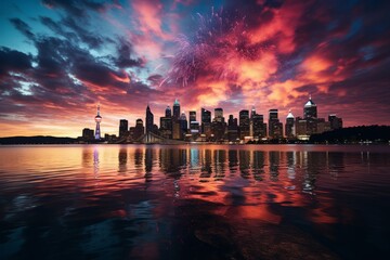 Fototapeta na wymiar Colorful explosion of fireworks above a cityscape, Generative AI