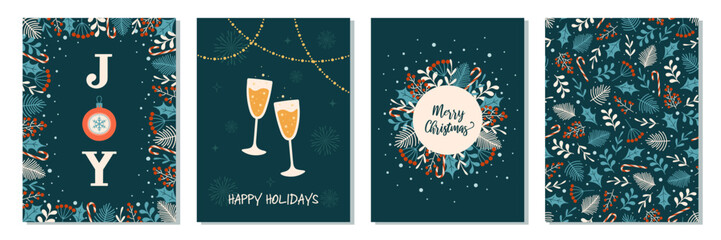 Christmas greeting cards collection. Holiday design with hand drawn winter floral elements, glasses of champagne, xmas ball. Seamless pattern.