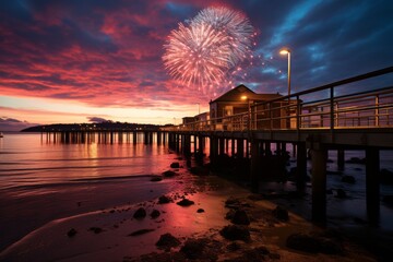Fireworks rocket launching from a seaside pier, Generative AI