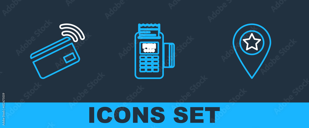 Poster set line location with star, contactless payment and pos terminal icon. vector