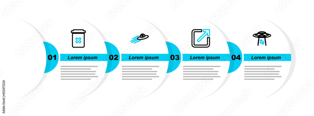 Poster set line ufo abducts cow, open in new window, flying spaceship and alien and trash can icon. vector