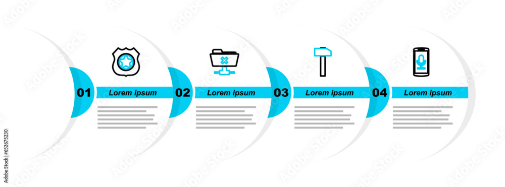 Poster set line mobile recording, hammer, ftp cancel operation and police badge icon. vector