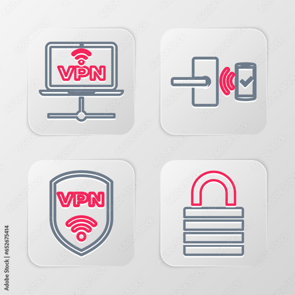 Poster set line lock, shield with vpn wireless, digital door lock and computer network icon. vector
