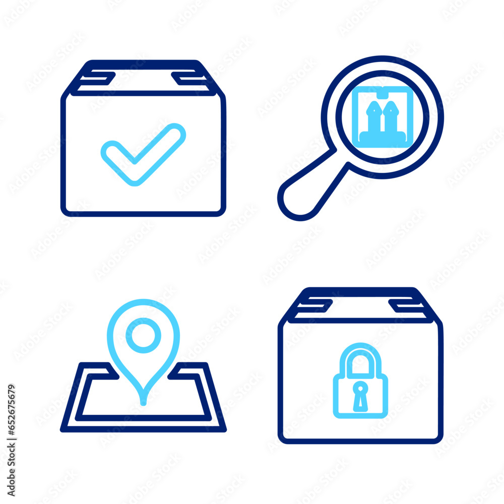 Poster set line locked package, placeholder on map, search and package box with check mark icon. vector