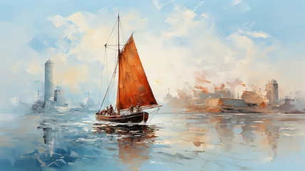 Fotobehang watercolor drawing, autumn landscape sailing boat on the marina, orange shades of Indian summer on the lake © kichigin19