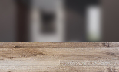 Spacious bathroom in gray tones with heated floors, freestanding tub. 3D rendering., Background with empty wooden table. Flooring.