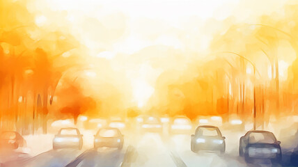 illustration orange autumn in the city, art traffic flow highway